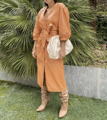 ZARA LederKleid Gürtel Orange Faux Leather Dress Kunstleder Blogger Kim XS NEU - Bild 1 von 4