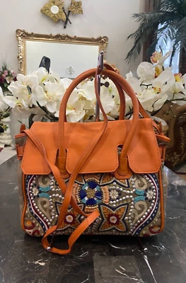 Bolso Bandolera Sam Edelman Sylvia Bordado Cuero Cuentas Naranja Beige Usado en Excelente Condición Foto 1 de 4