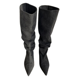Women Denim Pointed Toe Slouch Knee High Boots Pull On Flat Casual Punk Boots