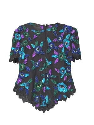 Lawrence Kazar Sequin Top Xlarge Black Floral Beaded Silk - Image 1 of 4