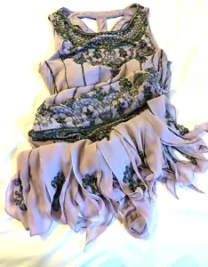 Cache Silk Beaded Dress 12 Exquisite Embroidery Lavender Silver Handkerchief Hem - Picture 1 of 16