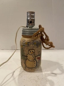 handmade and handpainted snowman w/ christmas tree Primitive Ball Mason Jar - Picture 1 of 9