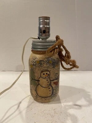 handmade and handpainted snowman w/ christmas tree Primitive Ball Mason Jar - Image 1 of 4