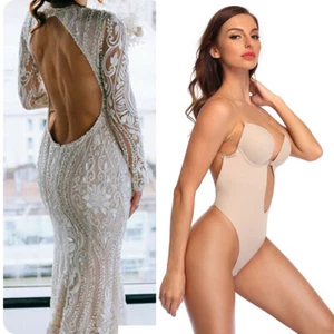 Women Ladies Backless Thong Body Shaper U Plunge Built-in Bra Deep V Bodysuit UK - Picture 1 of 21