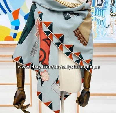 2025 Sallys 70% Cashmere 30% Silk Stole Gloves Print Double Face Scarf Shawl 53" - Image 1 of 4
