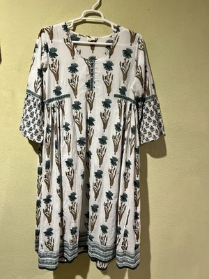 Anokhi Dress Midi Boho Flare 3/4 Sleeve XL Garden Plants White Cotton Buttons h1 - Image 1 of 4