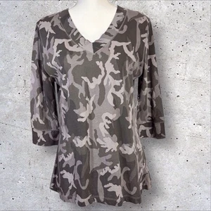 NORMA KAMALI Top Womens Large Gray Brown Camo V-Neck Pullover Organic Cotton NWT - Picture 1 of 11