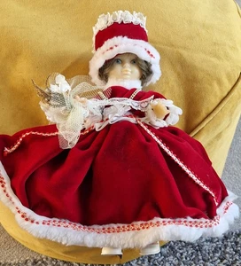 VTG Plastic 12" Doll Dressed In Red Velvet Type Dress And Hat Hong Kong READ - Picture 1 of 11