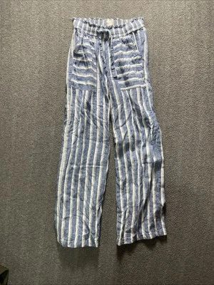 SO женские брюки размер XS синий белый бумажный мешок талии укороченный в полоску льняной смеси - Изображение 1 из 4