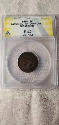1864 2c Two Cent Large Motto Details Corroded Scratched F12 - Image 1 of 4