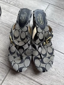 Coach Designer Gracy Signature Beige Gray & Black Wedge Sandal Heels - Size 8 - Picture 1 of 9