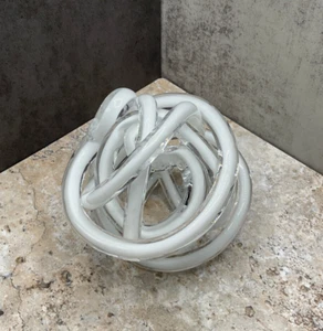 Glass Knot Sculpture White 6” Art Glass Abstract Hand-Blown Decor - Picture 1 of 4