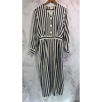 Vintage Silk Dress Womens Large 12 Navy Cream White Midi Maxi Striped Talbots  - Image 1 of 4
