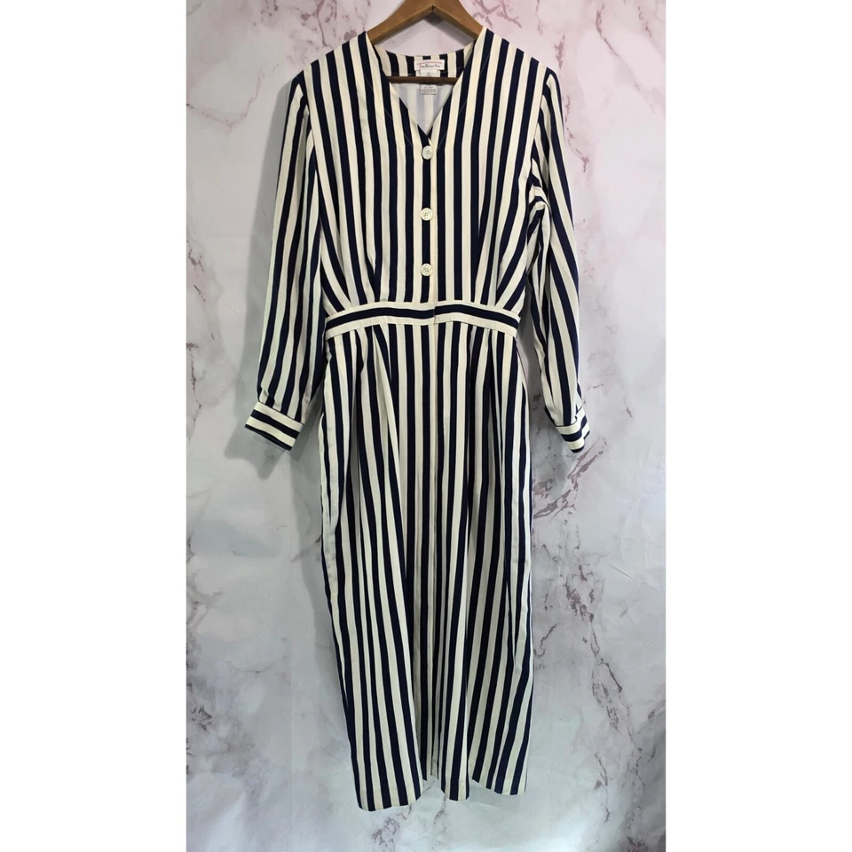 Vestido de seda vintage para mujer grande 12 azul marino crema blanco midi maxi talbots a rayas  Foto 1 de 4