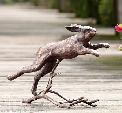 Running Bunny Rabbit Garden Sculpture Leaping Statue Metal Bronze Finish - Image 1 of 3