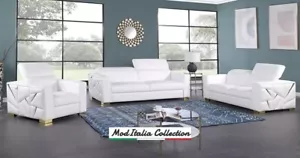 GENUINE Italian Leather White Gold 3PC Modern Sofa Loveseat Chair Living Room - Picture 1 of 9