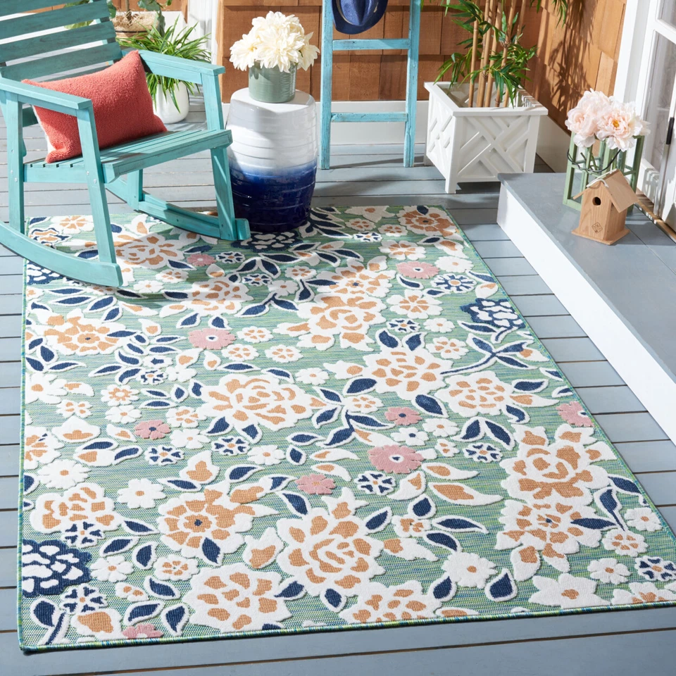 SAFAVIEH Outdoor CBN485N Cabana Collection Green / Navy Rug - Image 1 of 4