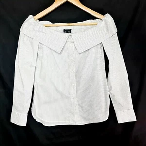 Bardot Size 6 White Pinstripe Off Shoulder Collared Long Sleeve Button Shirt - Picture 1 of 11