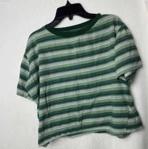 Dazy Womens Knit T-Shirt Green white Striped Short Sleeve Crew Neck S - Picture 1 of 3