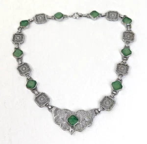 1930s Art Deco Czech Green Peking Glass Rhodium Filigree Choker Necklace 15" - Picture 1 of 12
