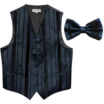 New formal men's tuxedo vest waistcoat & bowtie vertical stripes navy blue prom - Image 1 of 4