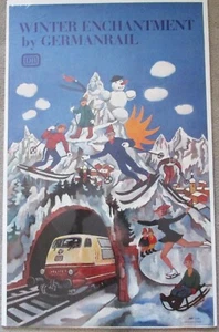 Winter Enchantment German Railroad Travel Poster w Train Skiers By Rene Ahrlé - Picture 1 of 4