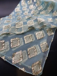 1930’s Delicate Teal W/Gold & Silver Metallic Accents Scarf, Approx 38x14” READ - Picture 1 of 5