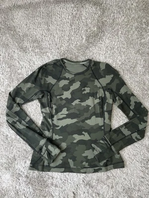 Camisa Lululemon Para Mujer 6 Verde Camuflada Manga Larga Pulgares Cremallera Manga Correr Foto 1 de 4