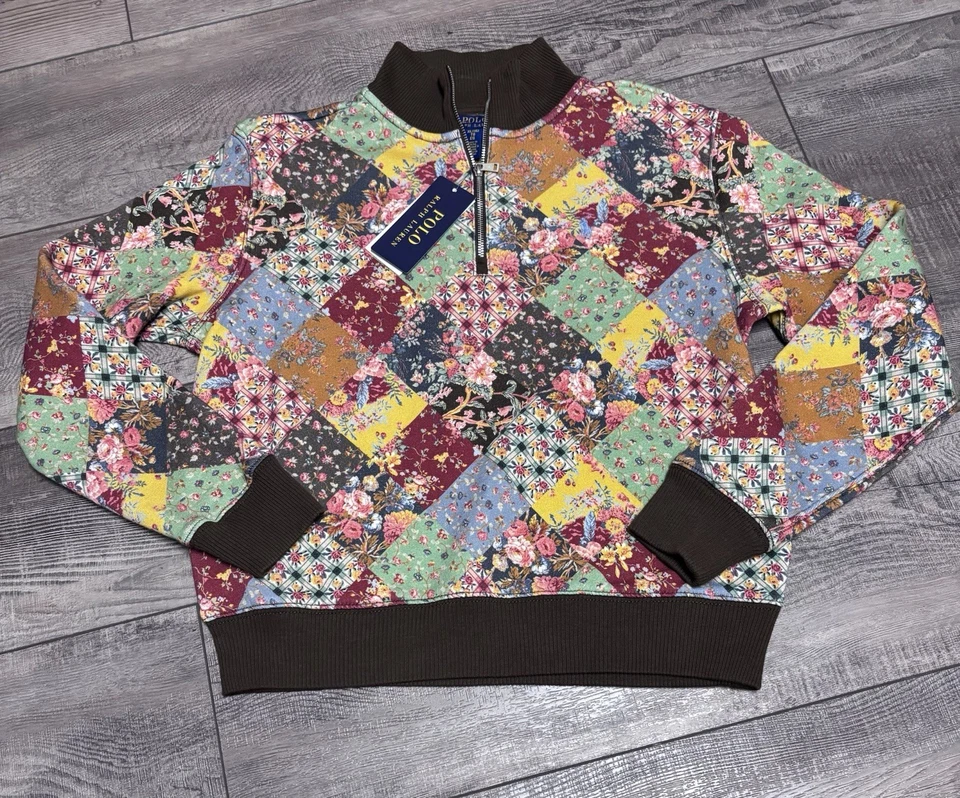Moletom POLO Ralph Lauren Meninas Meio Zíper Patchwork Marrom Multi Tamanho XL 16 Novo - Imagem 1 de 1