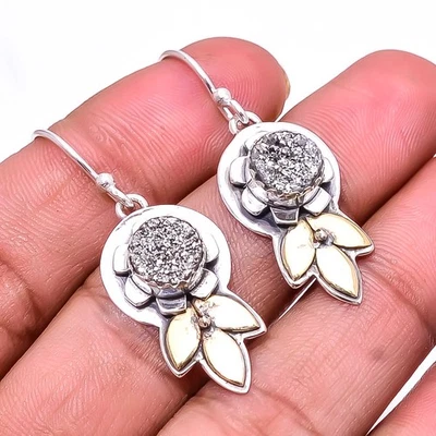 Pendiente Flor Dos Tonos Plata Titanio Ágata Drusy Plata Esterlina 925 1.64"E23 Foto 1 de 4