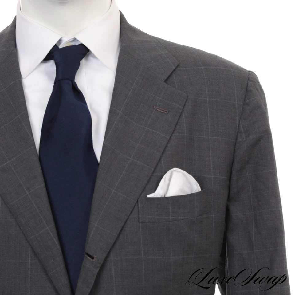 #1 MENSWEAR Kiton Napoli Made In Italy S180s Blanc Blu Grey Windowpane Jacket 56 - Image 1 of 4