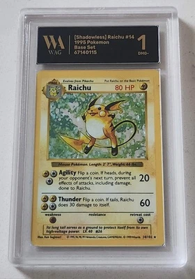 WAG Graded 1 Slab 1999 Pokemon Game Base Set Shadowless Raichu Holo #14 - Image 1 of 2