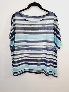 Chico's Women's Sheer Lined Mesh Summer Blouse blue Stripe Beachy Size Medium - Picture 1 of 6