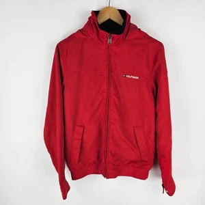 Tommy Hilfiger Jacket Mens Size XS Red Hooded Full Zip Logo Pockets Windbreaker - Picture 1 of 13
