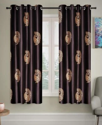 2 Pieces Hand Block Gold Peacock Eyelet Polyester Window Curtains 5Ft - Brown - Image 1 of 4