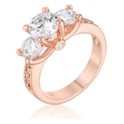 Rose Gold Plated Dazzling Three Stone Engagement Ring with CZ Size 5-10 - Image 1 of 4