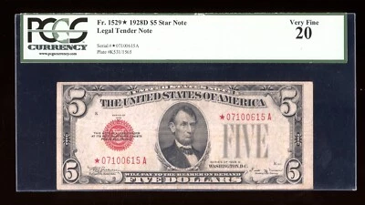 DBR 1928-D $5 RARE Legal Vinson STAR Fr. 1529* PCGS VF-20 Serial *07100615A - Image 1 of 2