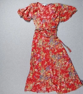 Mombasa Rose Dress Womens Medium Red Floral Wrap Fit and Flare Tie Flowing Boho - Picture 1 of 14