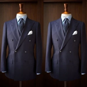 Trajes de hombre azul marino solapa pico doble pecho formal negocios hombres esmoquin 2 piezas - Imagen 1 de 16