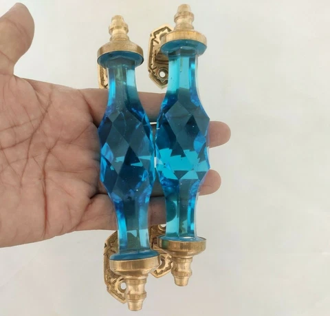 Pair Vntg. Look Brass Sky Blue Victorian Cut Glass Pull Push Door Drawer Handle Cover