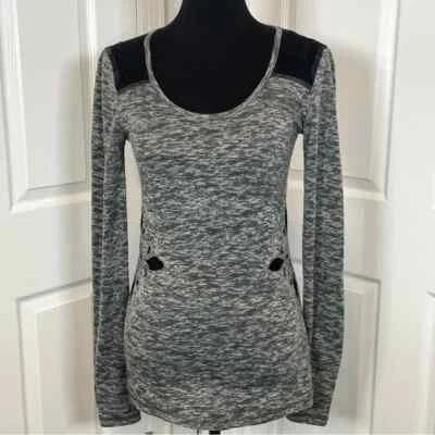 Miss Me Gray/Black Cut Out Rhinestone/Lace Long Sleeve Tee Size L - Image 1 of 4