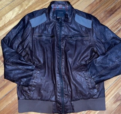 Guess XXL Brown Faux-Leather Men’s Full Zip Motorcycle Jacket - Image 1 of 4