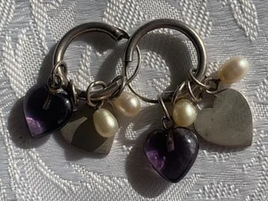 Silver Hallmarked Hoop Earrings with Interchangeable Charms Pearl Amethyst - Picture 1 of 5