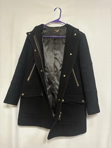 J.Crew Stadium Cloth Wool Coat Black Size 4P Petite Gold Zip Hooded Jacket - Picture 1 of 4