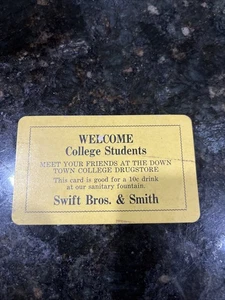 vintage promotional Business Card Swift Bros. & Smith Downtown College Drugstore - Picture 1 of 2