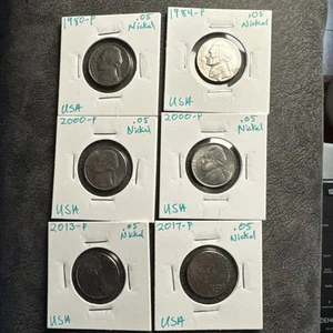 6 Nickel Coin Lot. 1980-P, 1984-P, 2000-P, 2000-P, 2013-P, 2017-P Jefferson Head - Picture 1 of 22