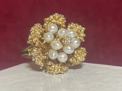 VINTAGE  14K GOLD ORGANIC PEARL CLUSTER NATURAL  DIAMOND RING SIGNED  TCJI - Image 1 of 4