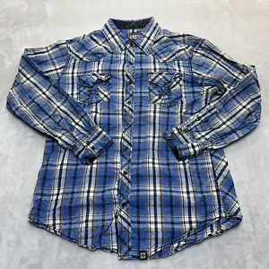 Cowboy Up Shirt Mens Large L Blue Plaid Western Pearl Snap Thick Stitch Pockets - Picture 1 of 16
