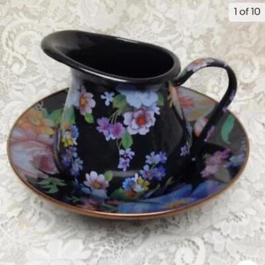 MacKenzie Childs Black Flower Market 8.5in Pitcher and 12in Pasta-Salad or Wash - Picture 1 of 10