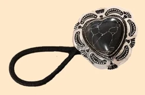 Western Equestrian Antique Silver Black Heart Hair Tie - Picture 1 of 1